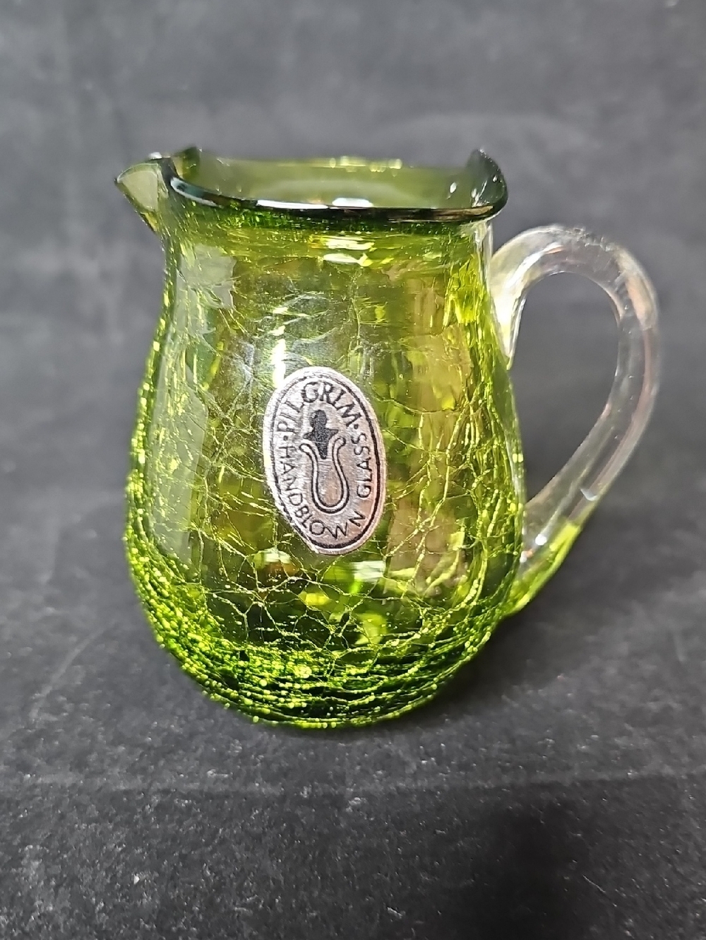 Pilgrim Handblown Crackle Glass Pitcher in Green with Clear Handle